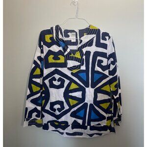 Craig Taylor Trixie Tunic Top Navy Blue/Green/White Geometric Print 100% Cotton